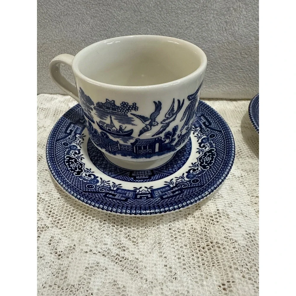 Blue Willow Teacup Saucer Set England Vintage‎ Porcelain